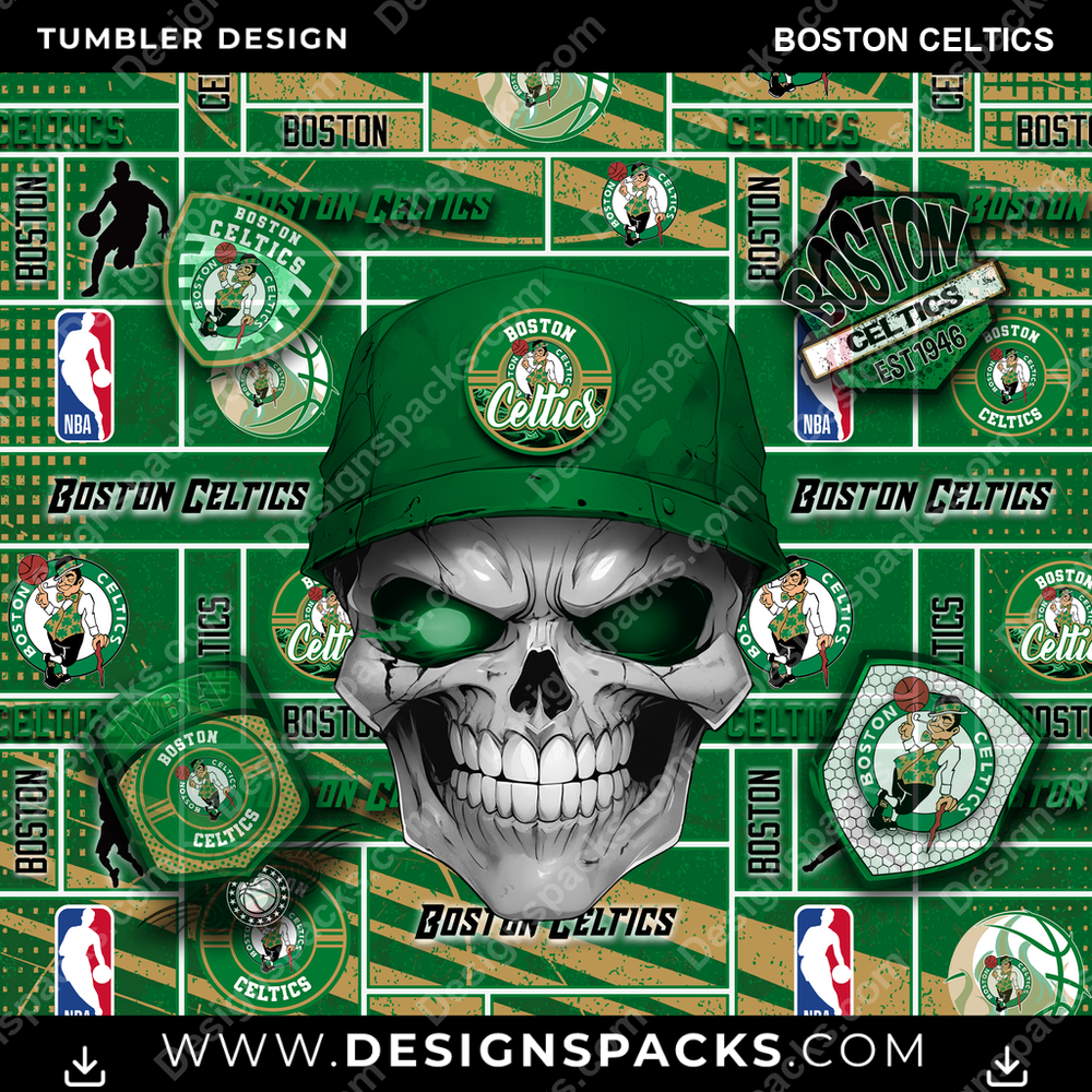 Basketball Skull Boston Celtics Tumbler Digital Wrap Design