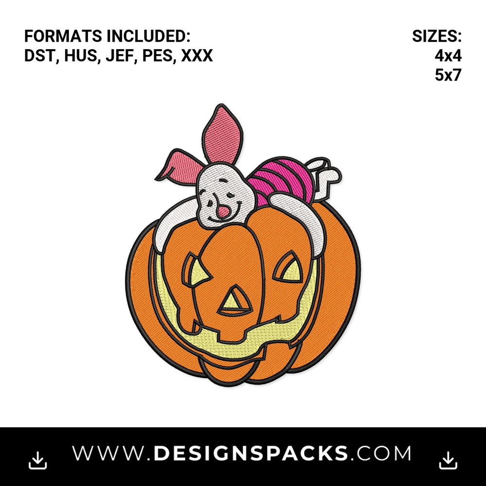 Cute Piglet on Halloween Pumpkin Embroidery Design - Instant digital download pattern at Designspacks.com