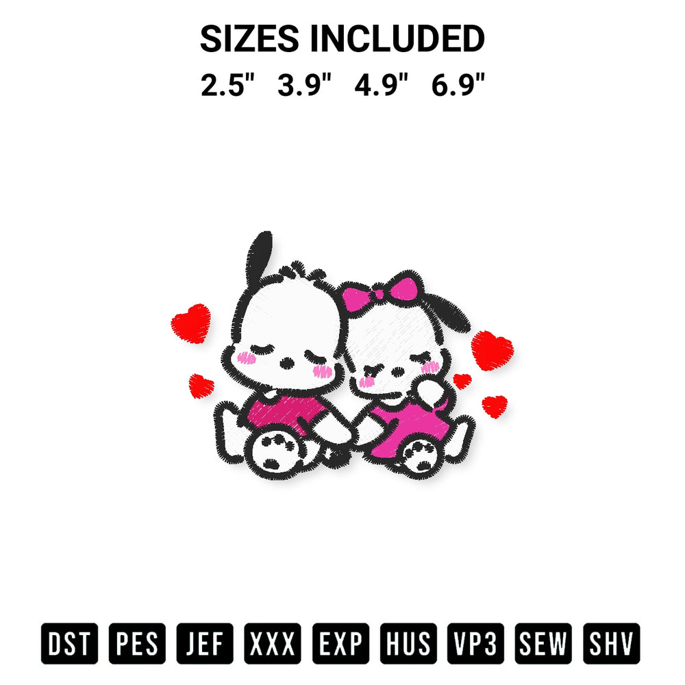 Looking for the perfect pattern? Download the Pochacco And Pochamii Valentine Embroidery Design embroidery design today at Designspacks.com. Crisp, clean stitching guaranteed. Available sizes: 2.5", 3.9", 4.9", 6.9".