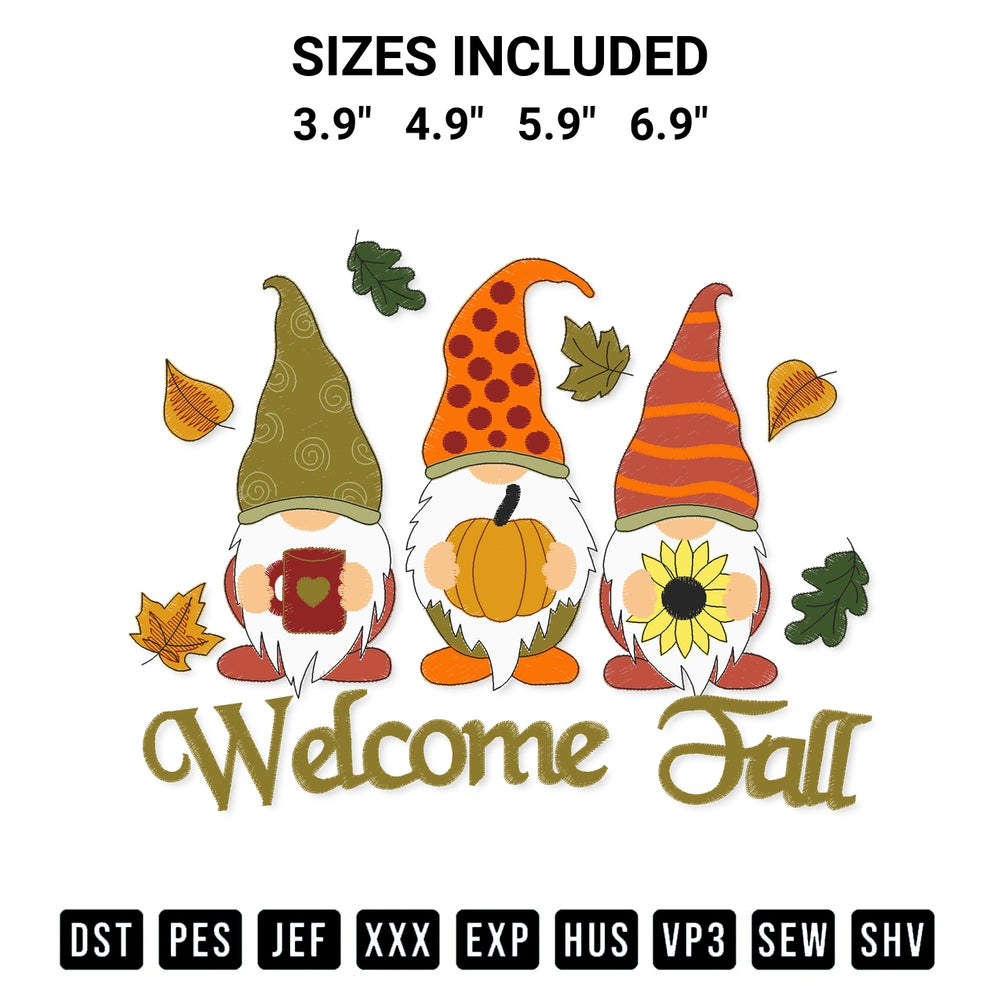 Elevate your next project with our Three Gnomes Welcome Fall Embroidery Design embroidery file. Shop high-quality digital patterns instantly at Designspacks.com. Available sizes: 3.9", 4.9", 5.9", 6.9".