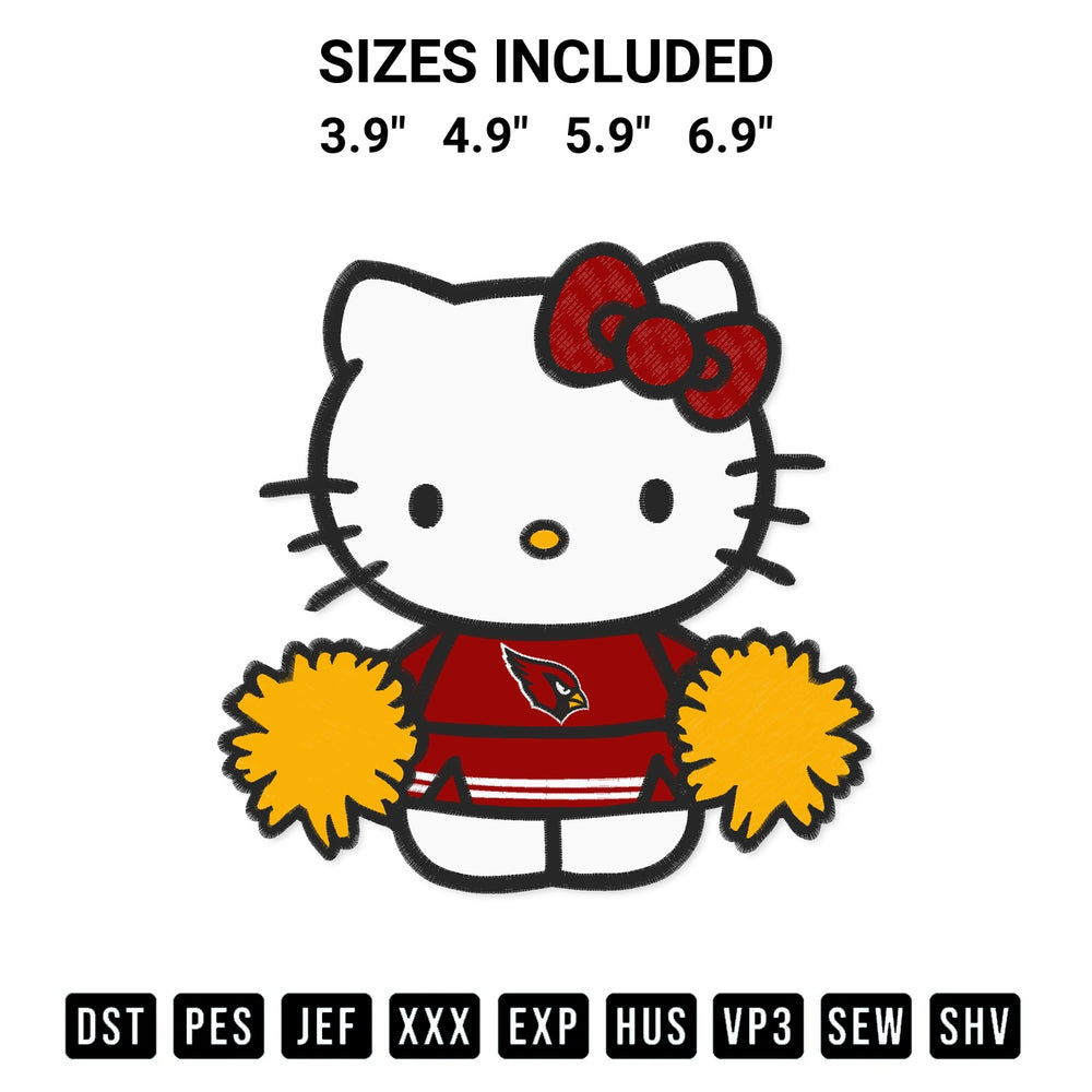 Shop the Hello Kitty Cheerleader Arizona Cardinals Embroidery Design machine embroidery pattern at Designspacks.com. Beautifully digitized for flawless stitching on any fabric. Available sizes: 3.9", 4.9", 5.9", 6.9".