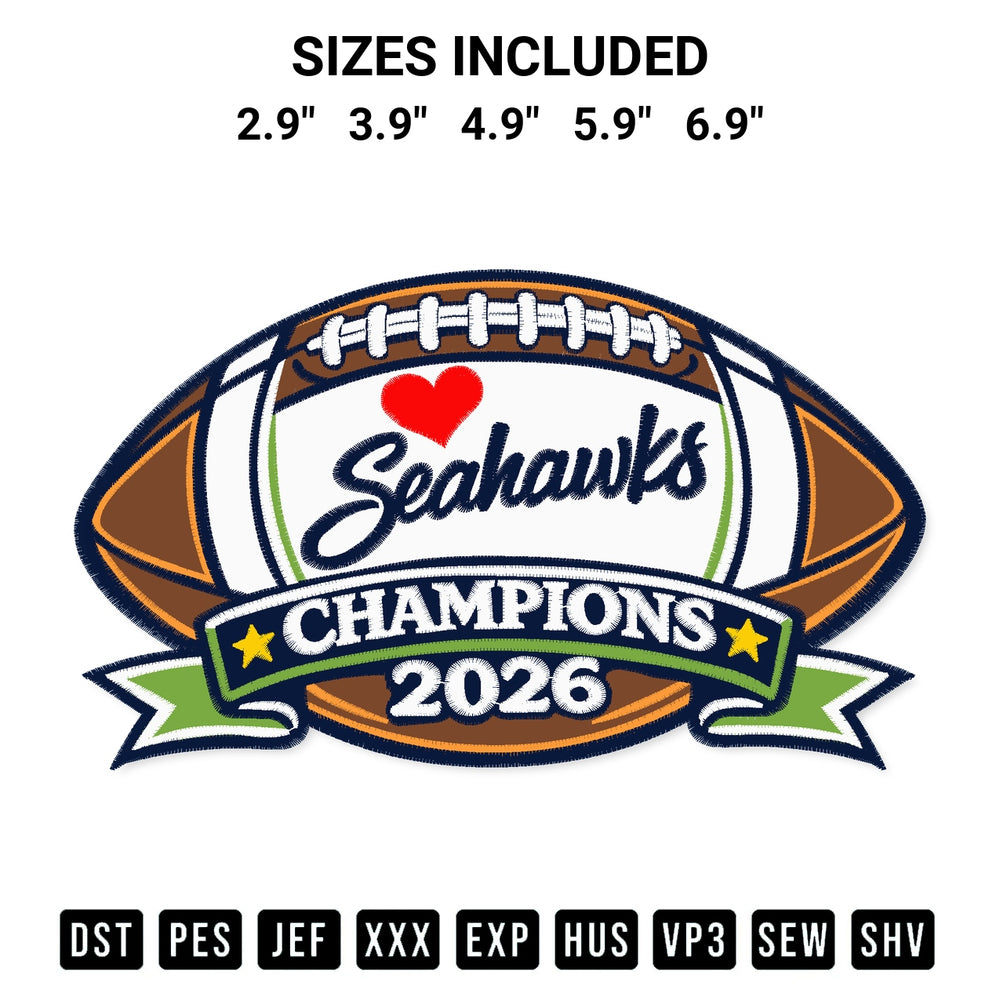 Download the Seahawks Football Champions 2026 Embroidery Design machine embroidery design exclusively at Designspacks.com. Premium digitized pattern for apparel and DIY crafts. Available sizes: 2.9", 3.9", 4.9", 5.9", 6.9".