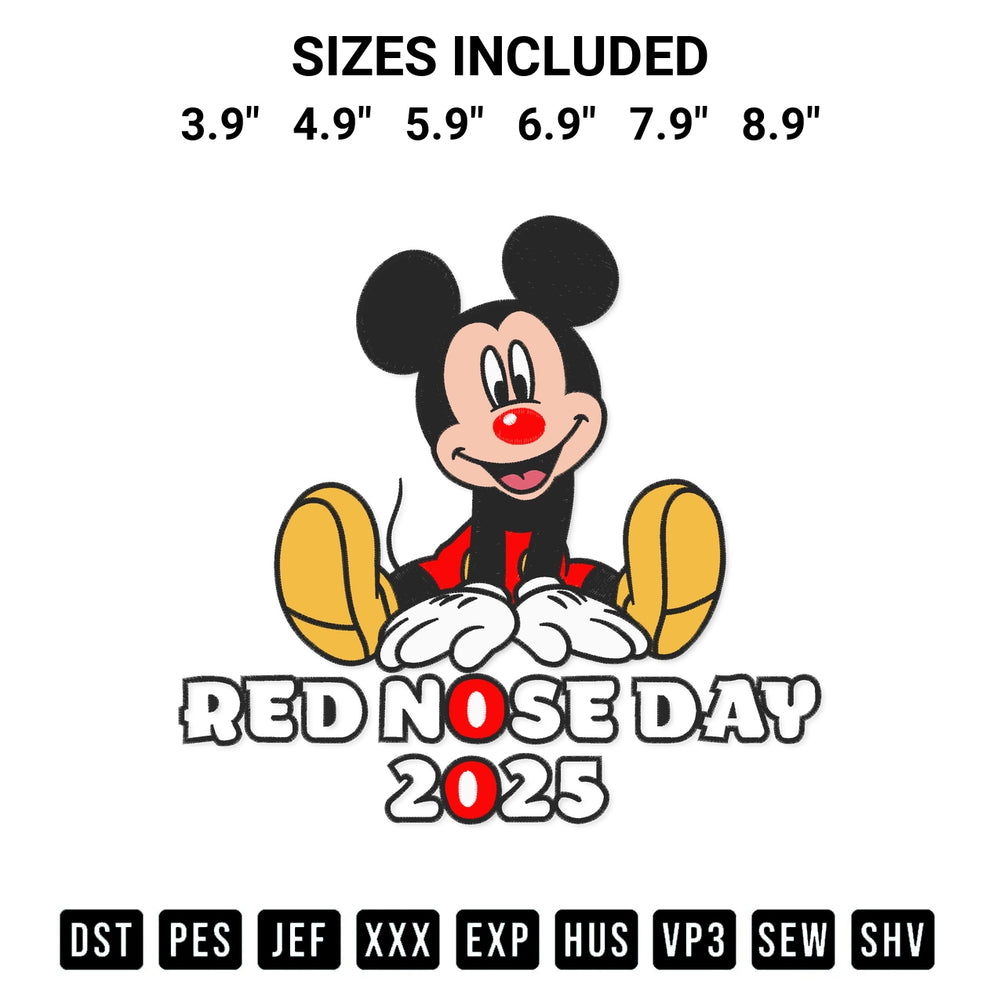 Add a unique touch to your apparel with the Mickey Mouse Red Nose Day 2025 Embroidery Design embroidery file. Premium instant download available now on Designspacks.com. Available sizes: 3.9", 4.9", 5.9", 6.9", 7.9", 8.9".