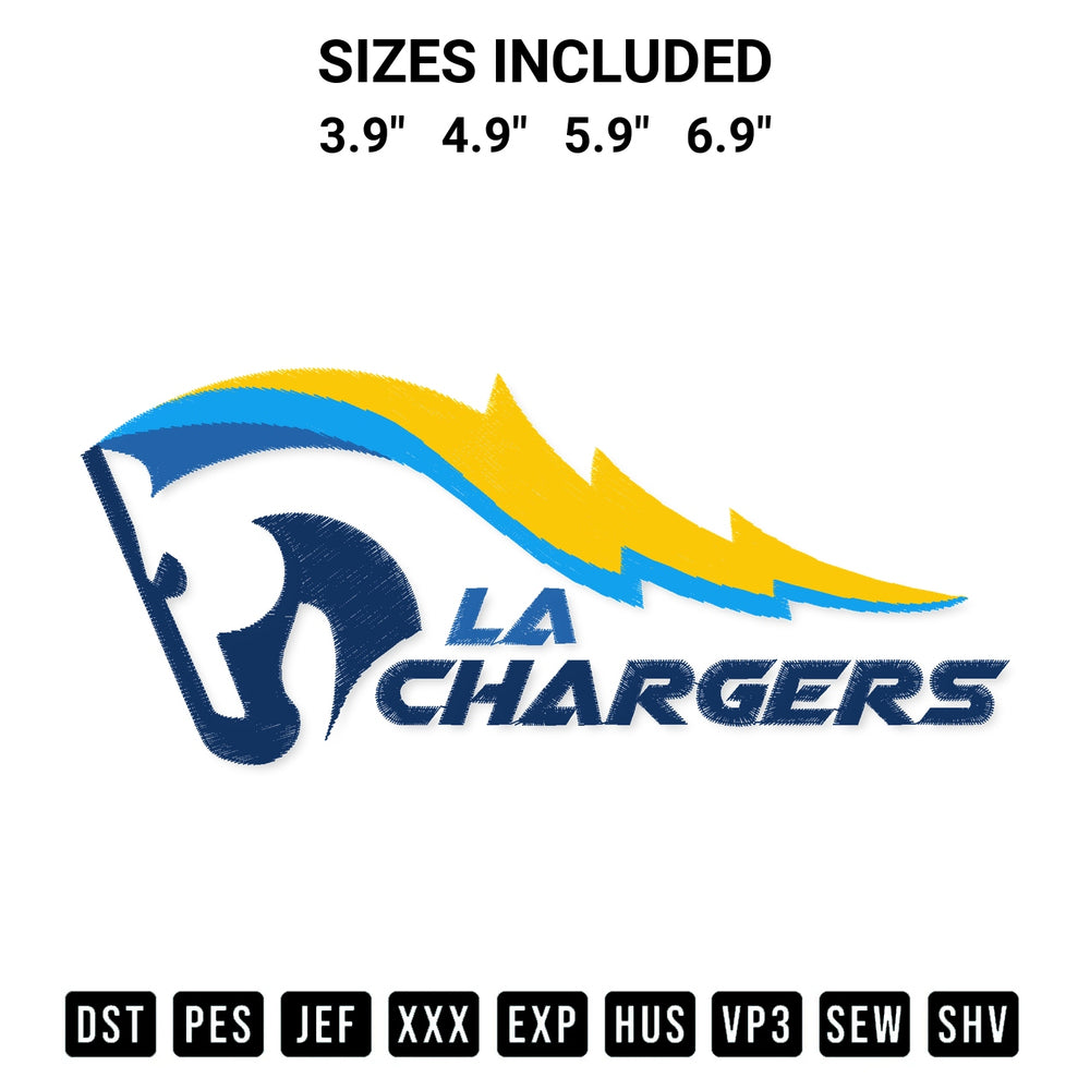 Discover the perfect addition to your crafting collection: Los Angeles Chargers Embroidery Design embroidery file. Instantly available at Designspacks.com. Available sizes: 3.9", 4.9", 5.9", 6.9".