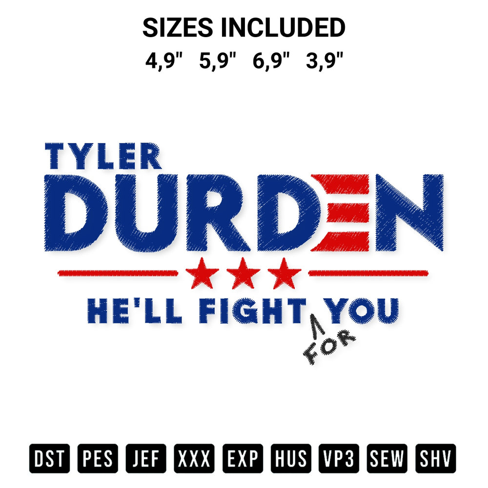 Transform your fabrics with the Tyler Durden Hell Fight For You Tyler Durden Fight Club Logo Embroidery Design embroidery design. Instant access to premium digitized patterns at Designspacks.com. Available sizes: 4,9", 5,9", 6,9", 3,9".