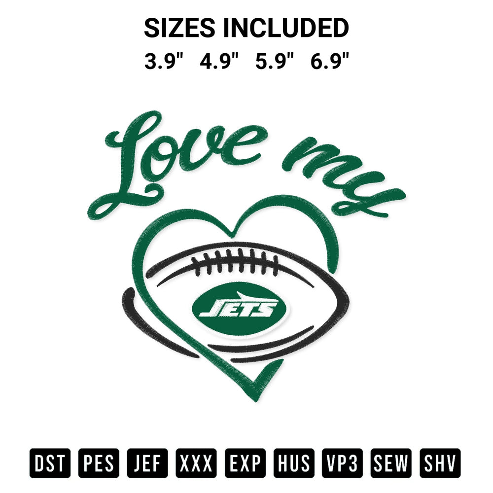 Shop the Love My New York Jets Embroidery Design machine embroidery pattern at Designspacks.com. Beautifully digitized for flawless stitching on any fabric. Available sizes: 3.9", 4.9", 5.9", 6.9".