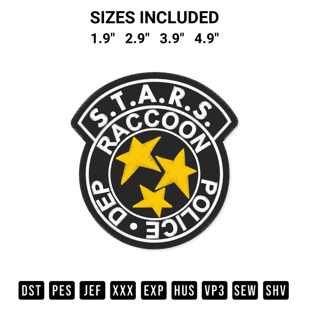 Shop the Resident Evil Stars Raccoon Police Embroidery Design machine embroidery pattern at Designspacks.com. Beautifully digitized for flawless stitching on any fabric. Available sizes: 1.9", 2.9", 3.9", 4.9".