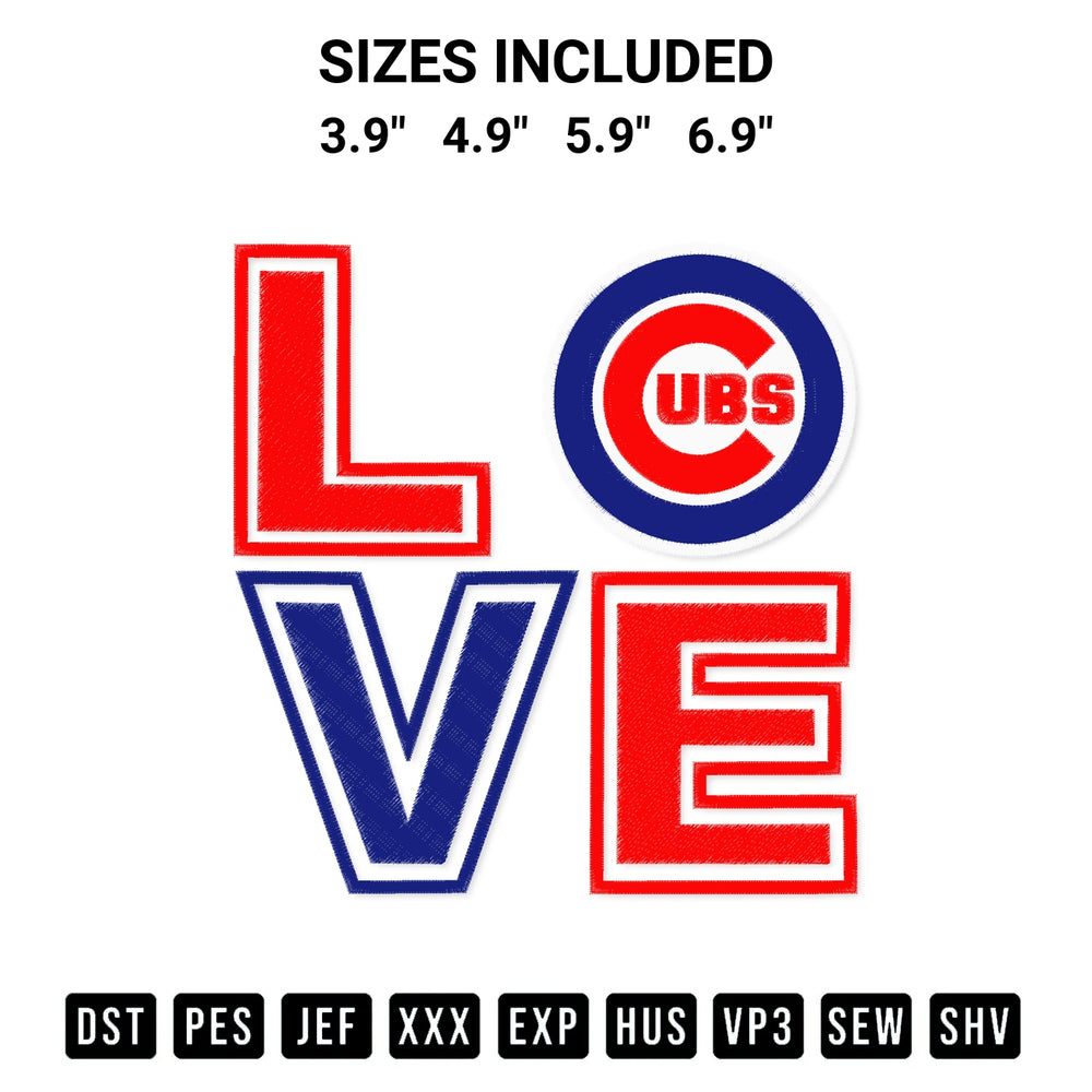 Transform your fabrics with the Love Chicago Cubs Embroidery Design embroidery design. Instant access to premium digitized patterns at Designspacks.com. Available sizes: 3.9", 4.9", 5.9", 6.9".