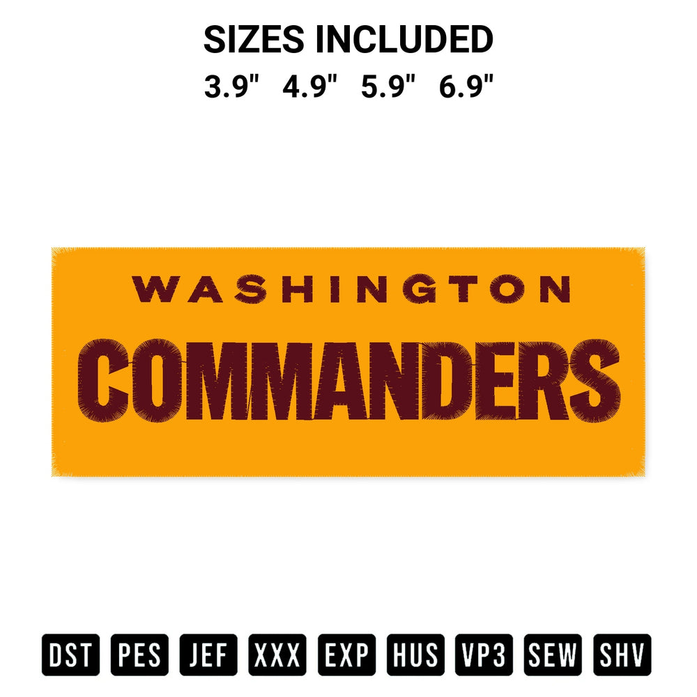 Download the Washington Commanders Wordmark Embroidery Design machine embroidery design exclusively at Designspacks.com. Premium digitized pattern for apparel and DIY crafts. Available sizes: 3.9", 4.9", 5.9", 6.9".