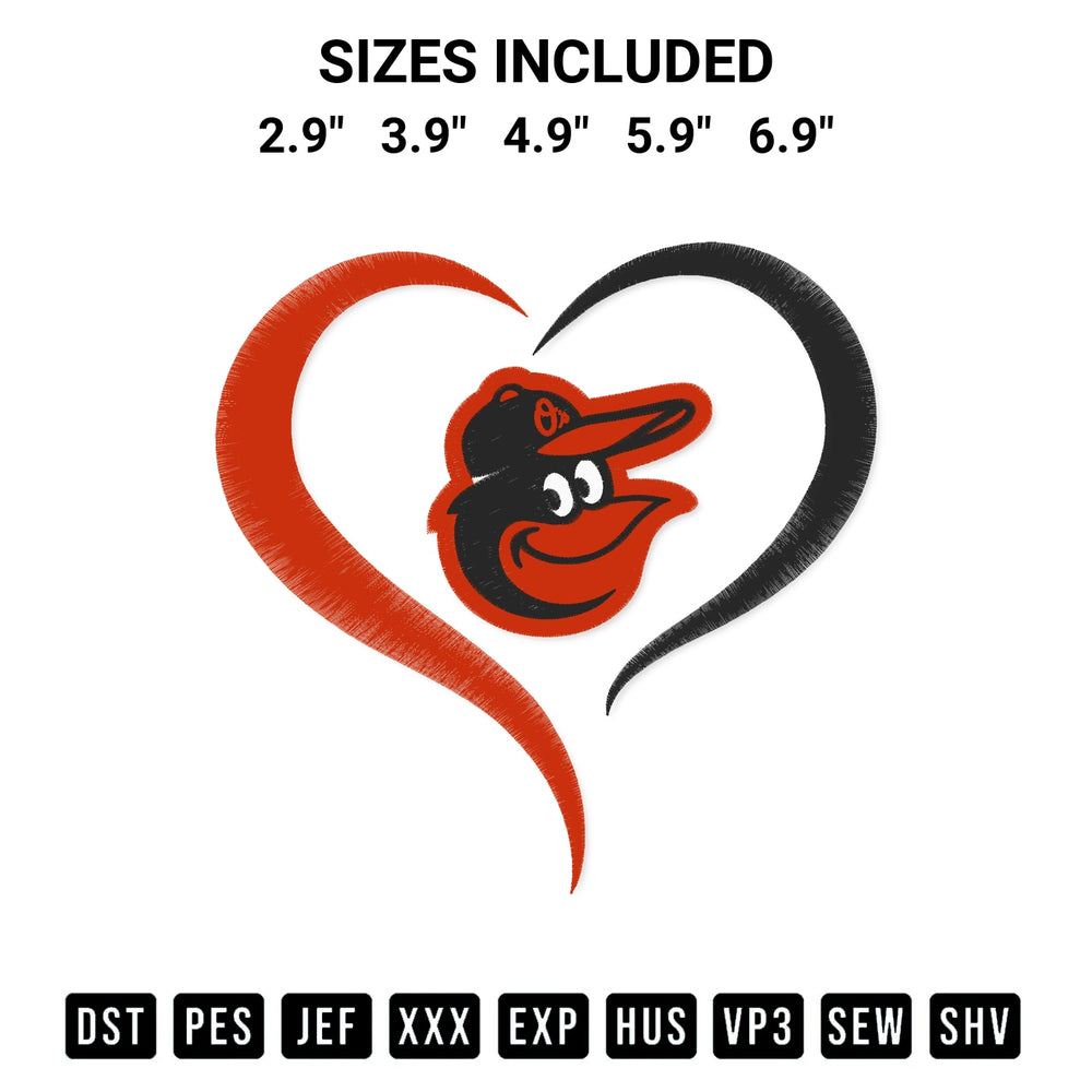 Discover the perfect addition to your crafting collection: Heart Baltimore Orioles Mlb Embroidery Design embroidery file. Instantly available at Designspacks.com. Available sizes: 2.9", 3.9", 4.9", 5.9", 6.9".