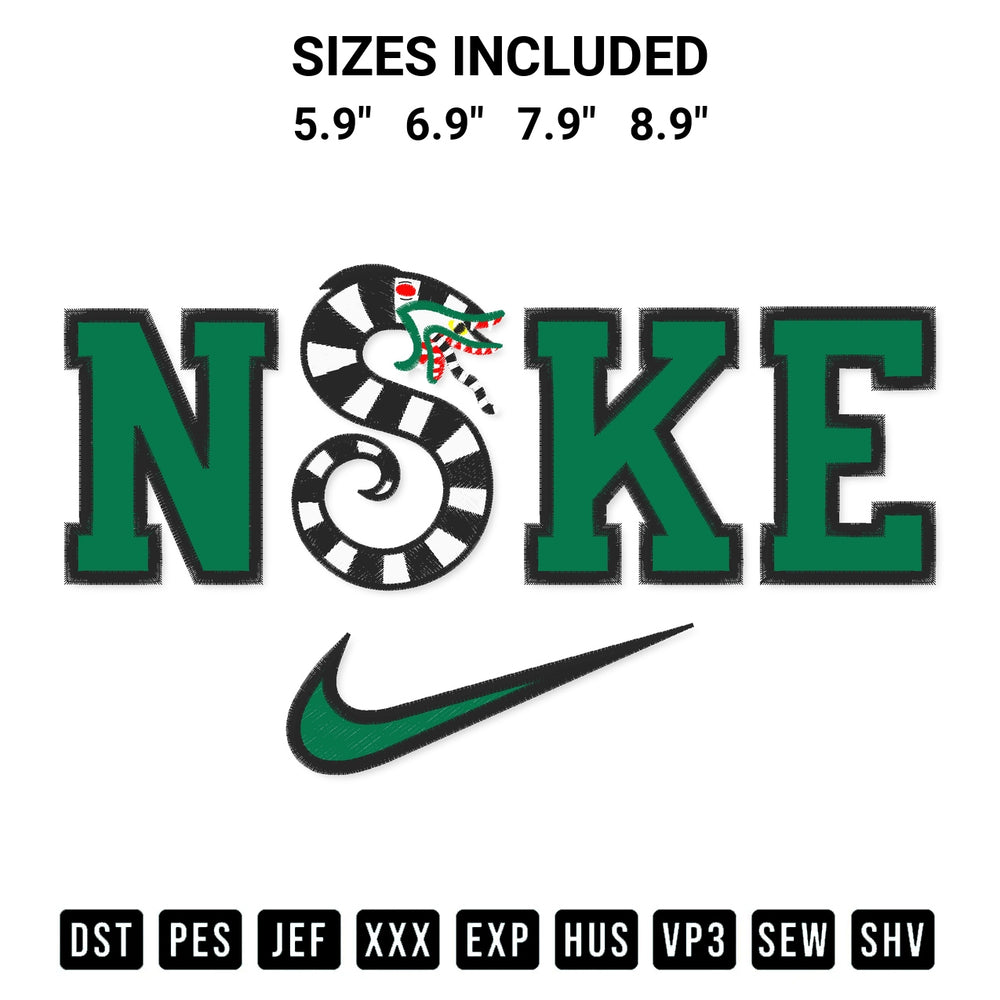 Add a unique touch to your apparel with the Beetlejuice Snake X Nike Embroidery Design embroidery file. Premium instant download available now on Designspacks.com. Available sizes: 5.9", 6.9", 7.9", 8.9".