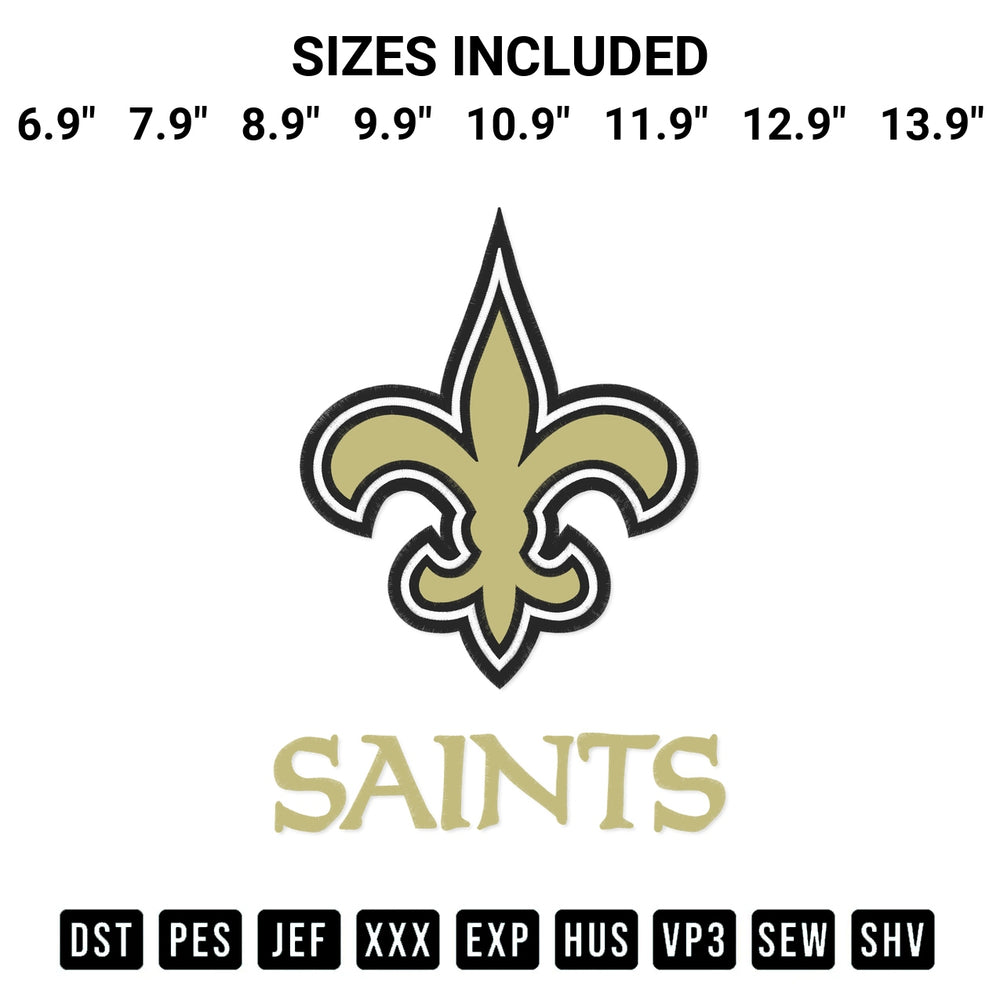 Stitch like a pro with the New Orleans Saints Football Embroidery Design embroidery pattern from Designspacks.com. High-quality digital machine embroidery file. Available sizes: 6.9", 7.9", 8.9", 9.9", 10.9", 11.9", 12.9", 13.9".