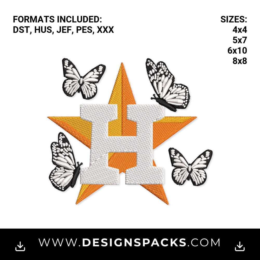 Houston Star H with Butterflies Embroidery Design - Instant digital download pattern at Designspacks.com