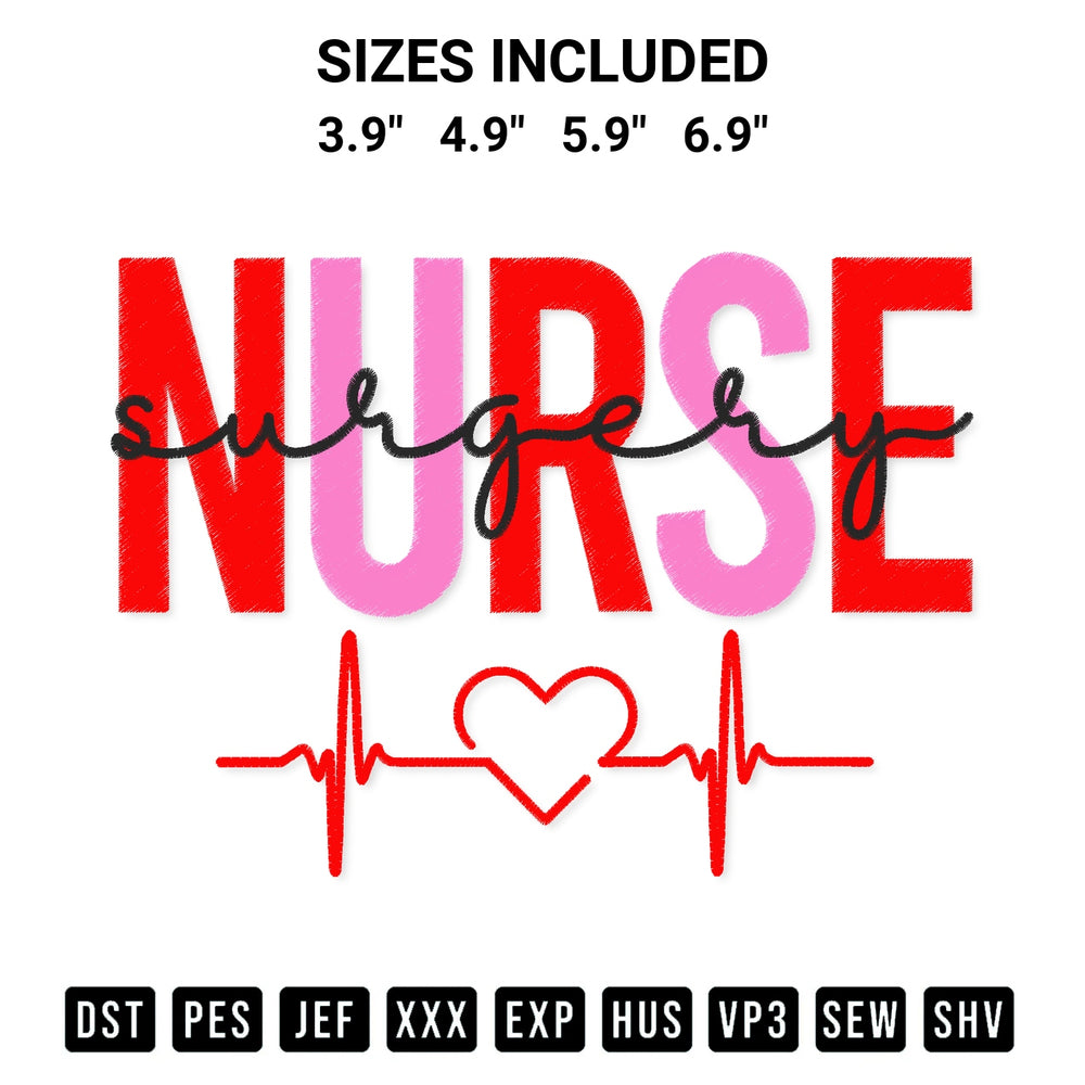 Stitch like a pro with the Nurse Surgery Heartbeat Embroidery Design embroidery pattern from Designspacks.com. High-quality digital machine embroidery file. Available sizes: 3.9", 4.9", 5.9", 6.9".