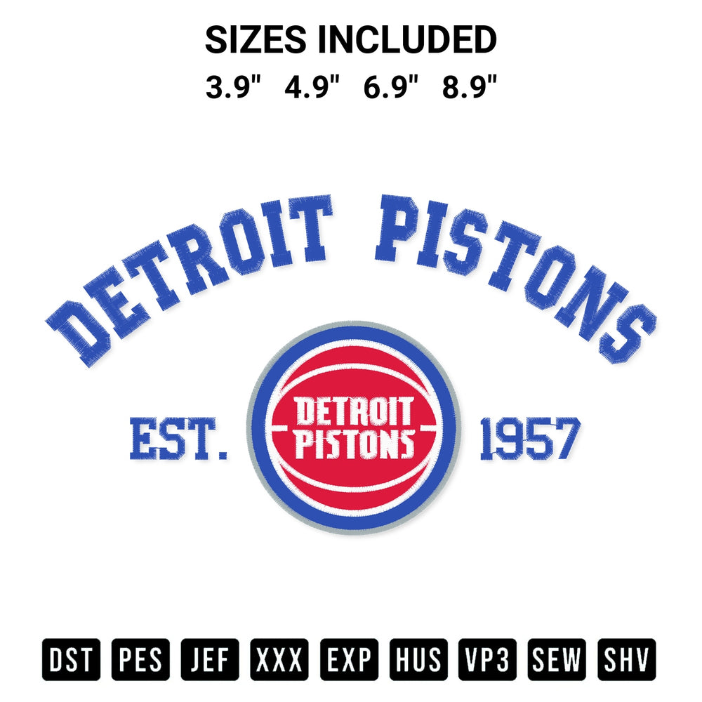 Looking for the perfect pattern? Download the Detroit Pistons Est 1957 Embroidery Design embroidery design today at Designspacks.com. Crisp, clean stitching guaranteed. Available sizes: 3.9", 4.9", 6.9", 8.9".
