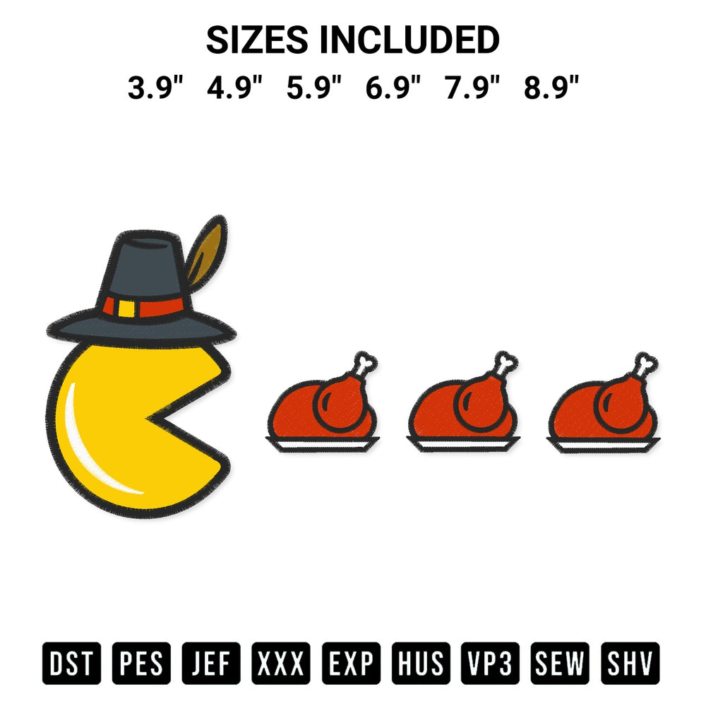 Transform your fabrics with the Pac Man Thanksgiving Embroidery Design embroidery design. Instant access to premium digitized patterns at Designspacks.com. Available sizes: 3.9", 4.9", 5.9", 6.9", 7.9", 8.9".