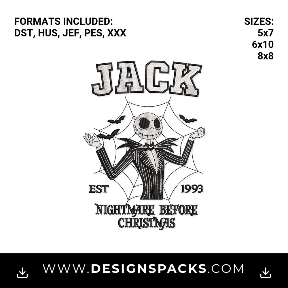 Jack Skellington Nightmare Before Christmas Embroidery Design - Instant digital download pattern at Designspacks.com