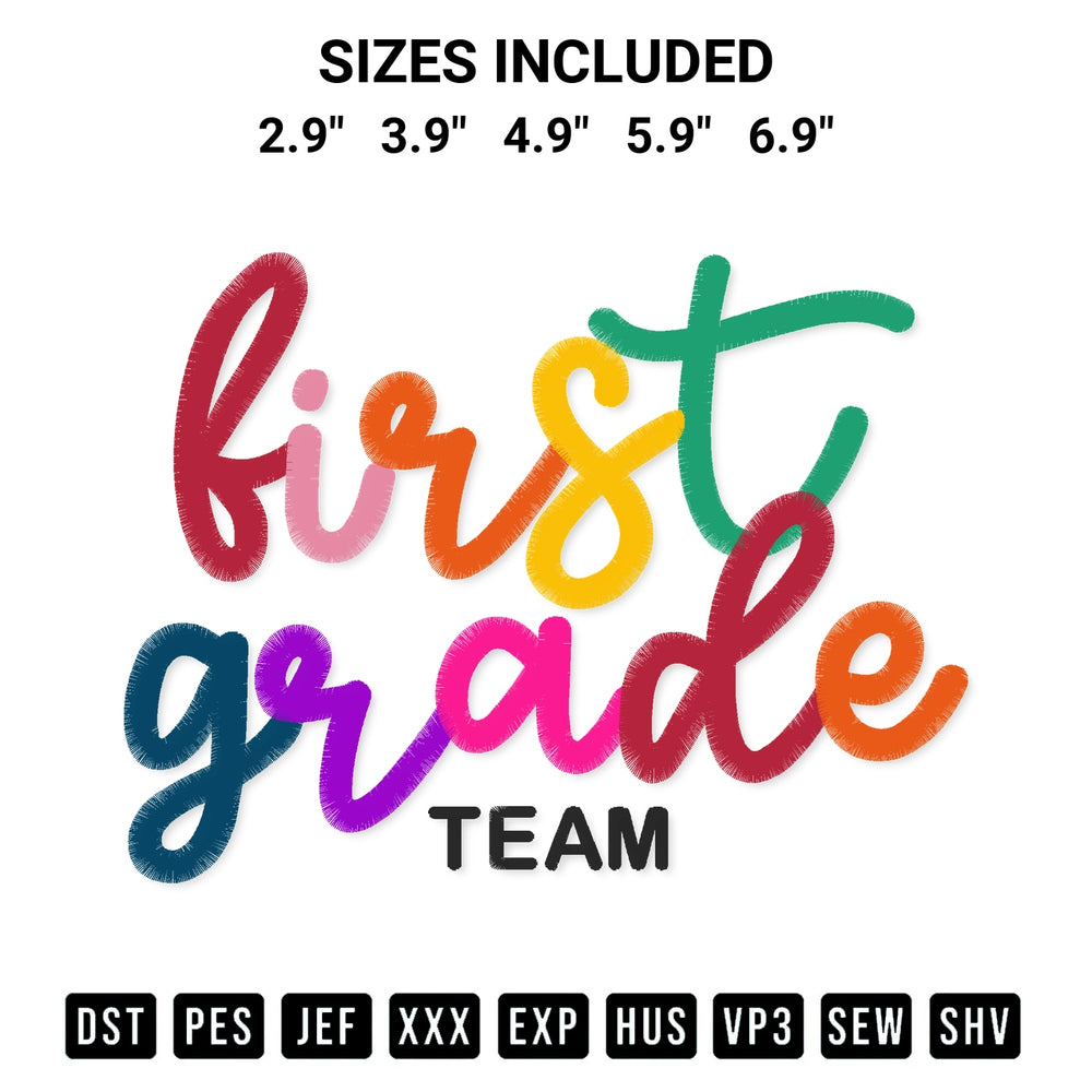 Transform your fabrics with the First Grade Team Embroidery Design embroidery design. Instant access to premium digitized patterns at Designspacks.com. Available sizes: 2.9", 3.9", 4.9", 5.9", 6.9".