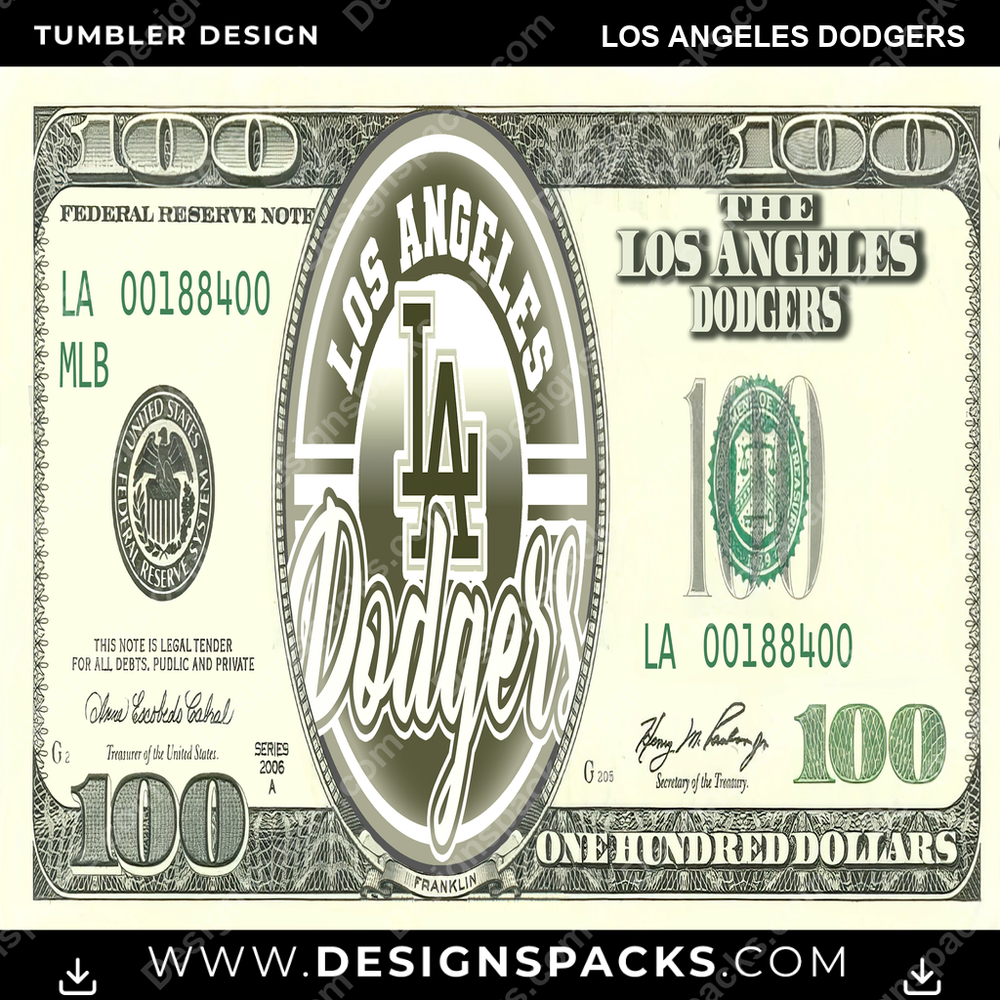Diseño Digital para Vaso Termo de los Dodgers de Los Ángeles, Billete de Cien Dólares de Béisbol