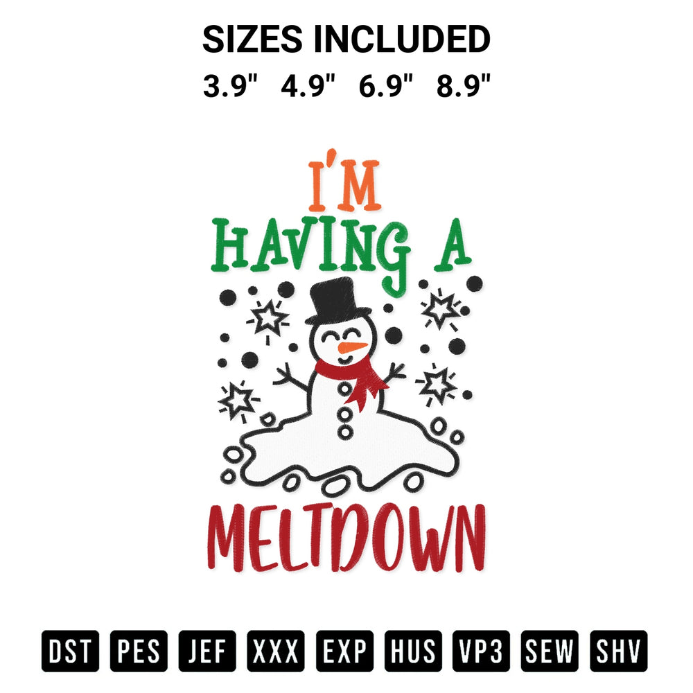 Download the Im Having A Meltdown Snowman Christmas Embroidery Design machine embroidery design exclusively at Designspacks.com. Premium digitized pattern for apparel and DIY crafts. Available sizes: 3.9", 4.9", 6.9", 8.9".