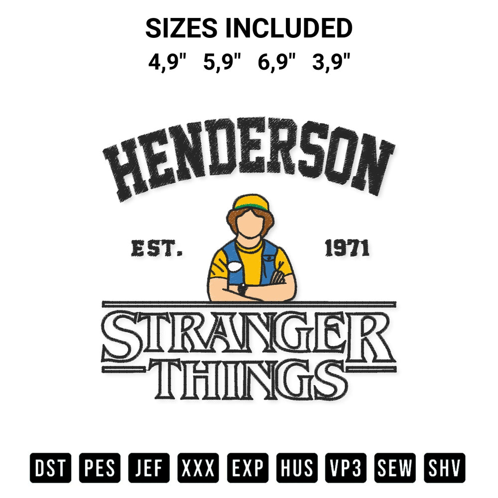 Get the Dustin Henderson Stranger Things Logo Embroidery Design embroidery design for your custom crafts! Premium digitized files available for instant download at Designspacks.com. Available sizes: 4,9", 5,9", 6,9", 3,9".