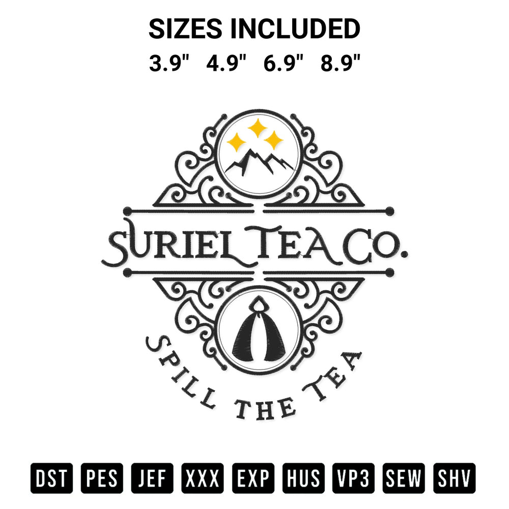 Shop the Suriel Tea Co Spill The Tea Embroidery Design machine embroidery pattern at Designspacks.com. Beautifully digitized for flawless stitching on any fabric. Available sizes: 3.9", 4.9", 6.9", 8.9".