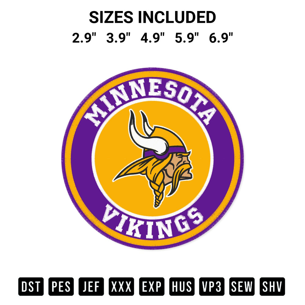 Transform your fabrics with the Minnesota Vikings Circle Logo Embroidery Design embroidery design. Instant access to premium digitized patterns at Designspacks.com. Available sizes: 2.9", 3.9", 4.9", 5.9", 6.9".
