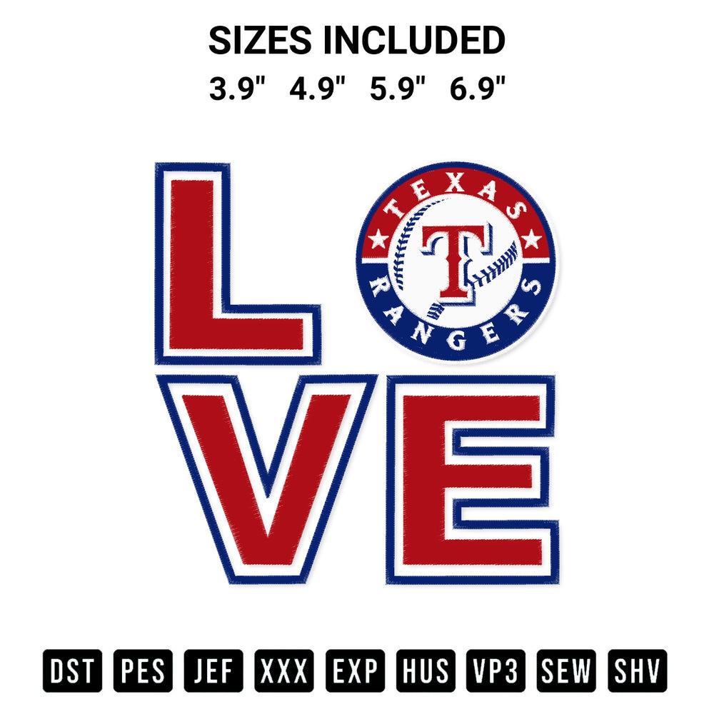 Shop the Love Texas Rangers Embroidery Design machine embroidery pattern at Designspacks.com. Beautifully digitized for flawless stitching on any fabric. Available sizes: 3.9", 4.9", 5.9", 6.9".