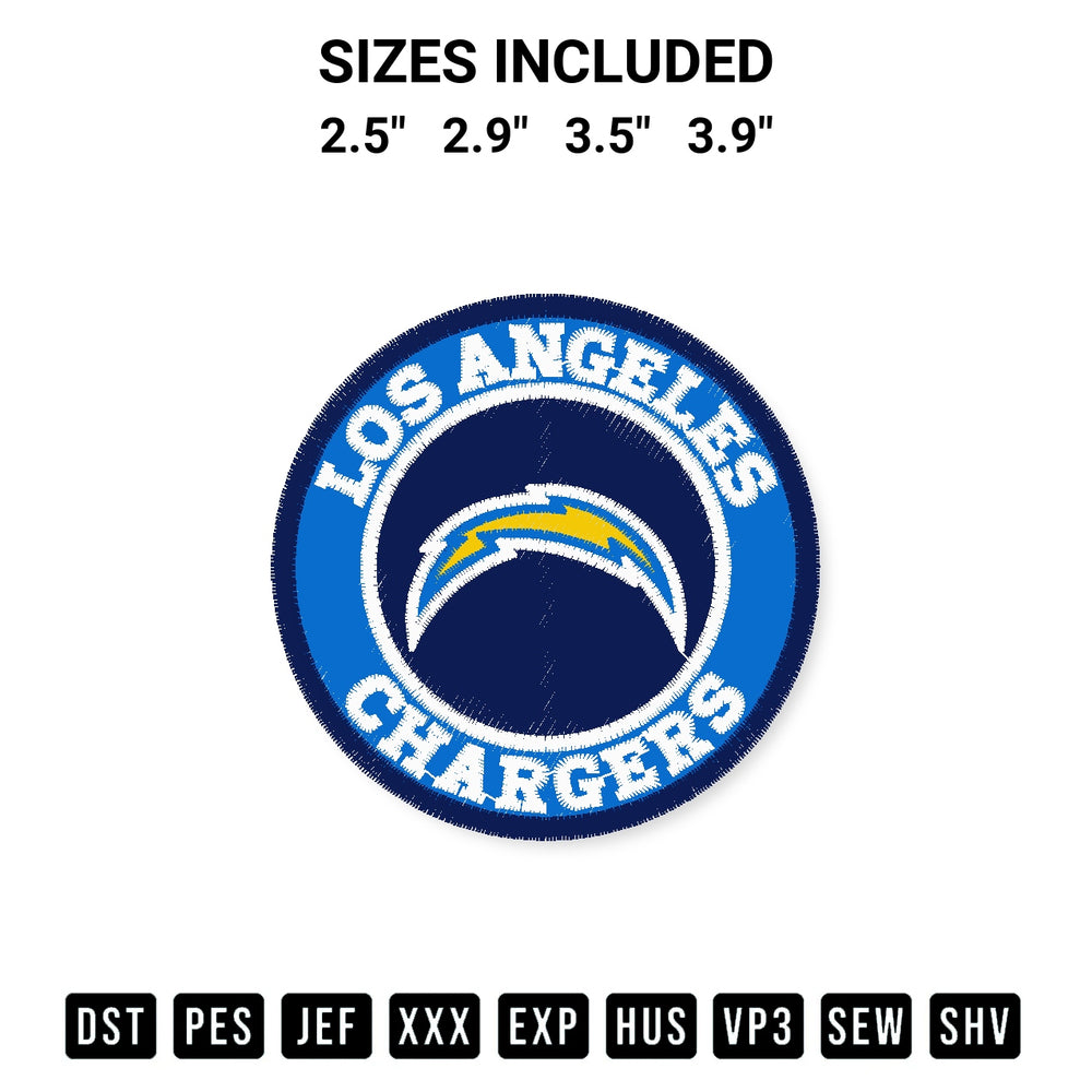 Stitch like a pro with the Los Angeles Chargers Football Embroidery Design embroidery pattern from Designspacks.com. High-quality digital machine embroidery file. Available sizes: 2.5", 2.9", 3.5", 3.9".