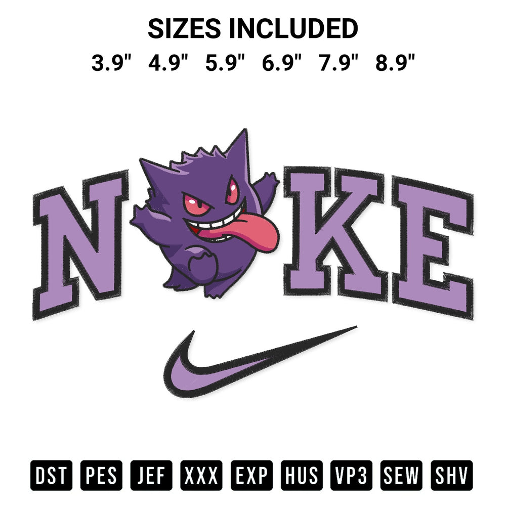 Download the Gengar X Nike Embroidery Design machine embroidery design exclusively at Designspacks.com. Premium digitized pattern for apparel and DIY crafts. Available sizes: 3.9", 4.9", 5.9", 6.9", 7.9", 8.9".