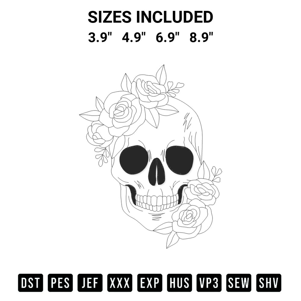 Download the Floral Skull Embroidery Design machine embroidery design exclusively at Designspacks.com. Premium digitized pattern for apparel and DIY crafts. Available sizes: 3.9", 4.9", 6.9", 8.9".