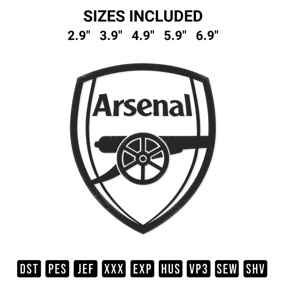 Download the Arsenal Logo Black Embroidery Design machine embroidery design exclusively at Designspacks.com. Premium digitized pattern for apparel and DIY crafts. Available sizes: 2.9", 3.9", 4.9", 5.9", 6.9".