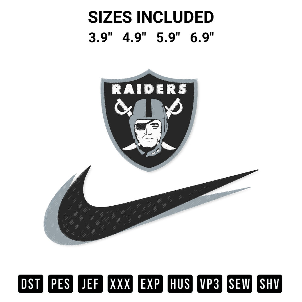 Get the Las Vegas Raiders Swoosh Embroidery Design embroidery design for your custom crafts! Premium digitized files available for instant download at Designspacks.com. Available sizes: 3.9", 4.9", 5.9", 6.9".