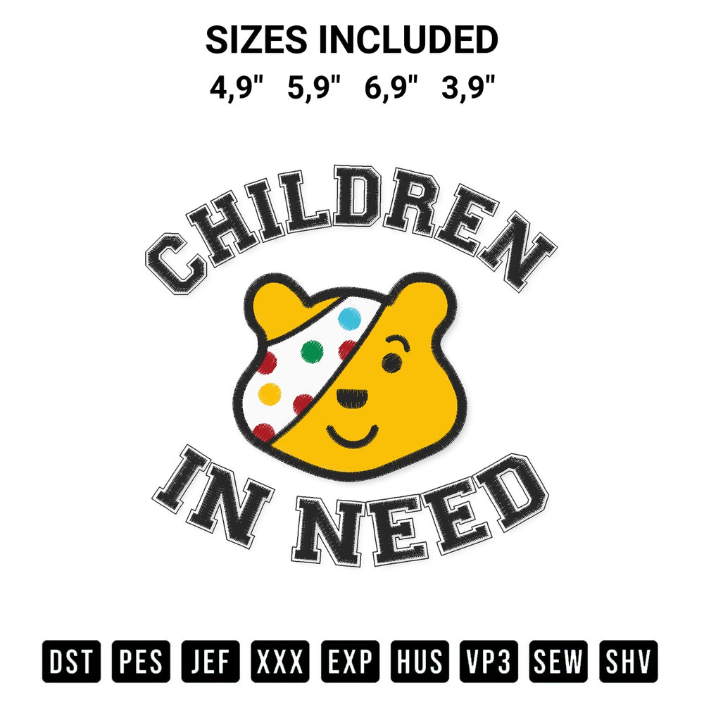Elevate your next project with our Pudsey Bear Children In Need 1 Logo Embroidery Design embroidery file. Shop high-quality digital patterns instantly at Designspacks.com. Available sizes: 4,9", 5,9", 6,9", 3,9".