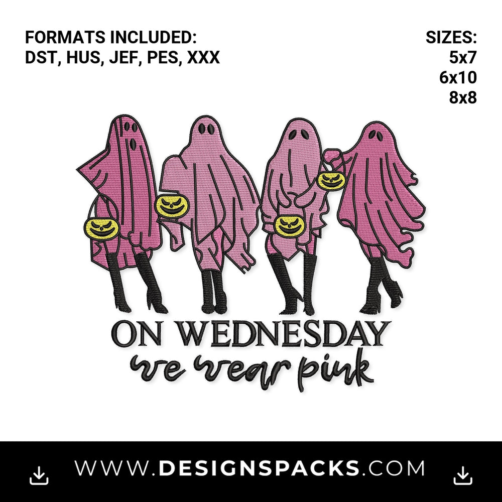 Pink Ghosts On Wednesday We Wear Pink Embroidery Design - Instant digital download pattern at Designspacks.com