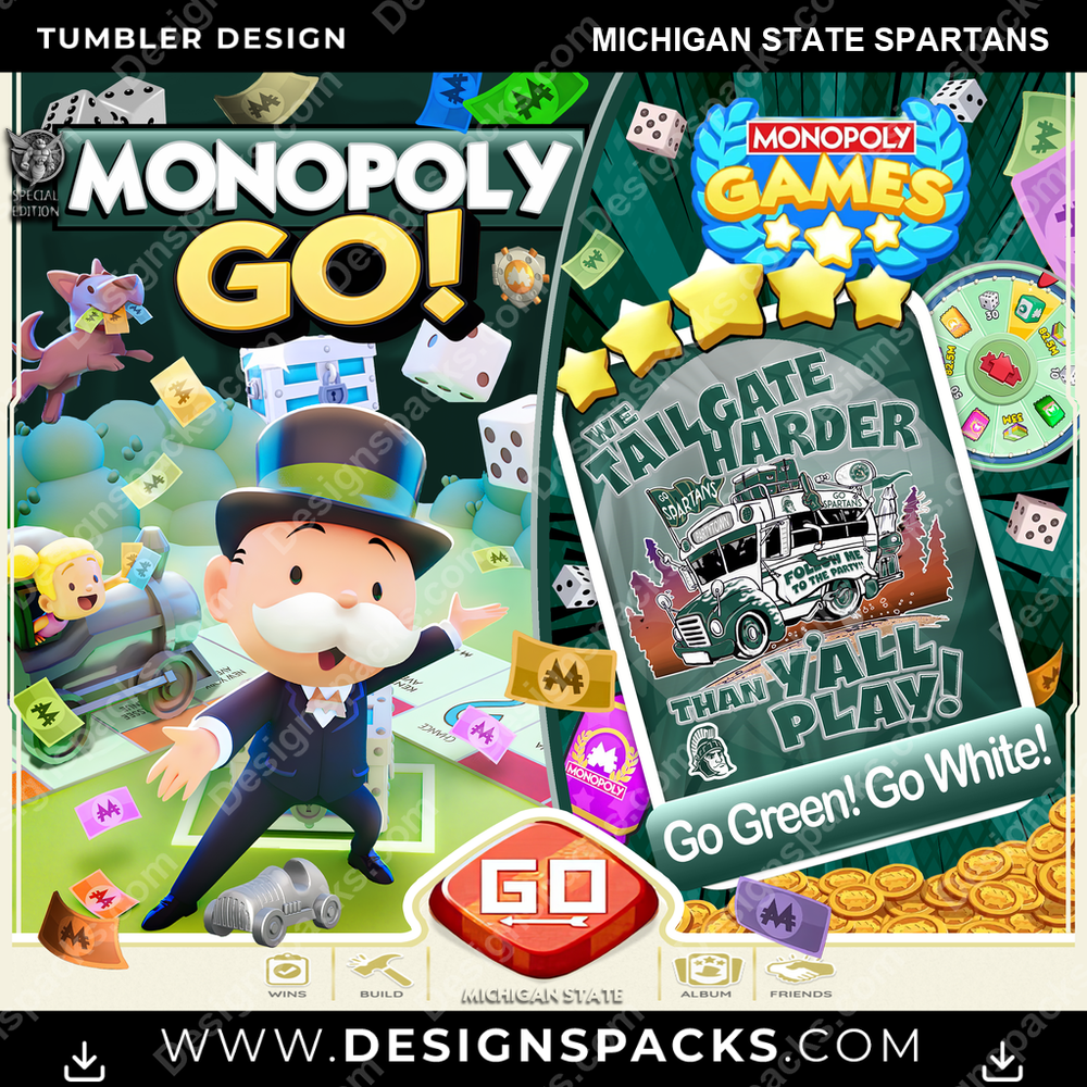College Sport Monopoly Go! Michigan State Spartans NCAA College Sport Tumbler Digital Wrap Design Download
