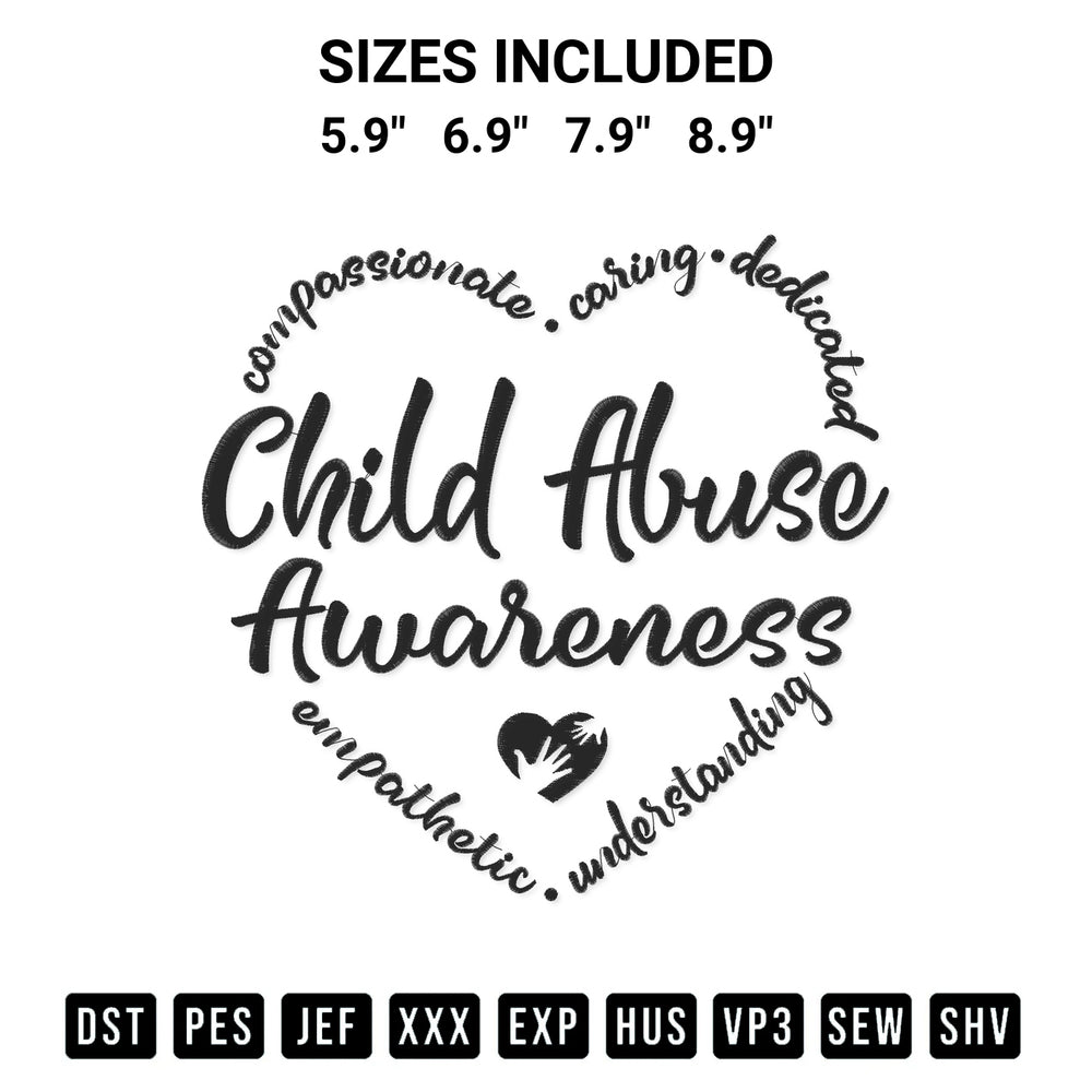 Stitch like a pro with the Child Abuse Awareness Heart Embroidery Design embroidery pattern from Designspacks.com. High-quality digital machine embroidery file. Available sizes: 5.9", 6.9", 7.9", 8.9".