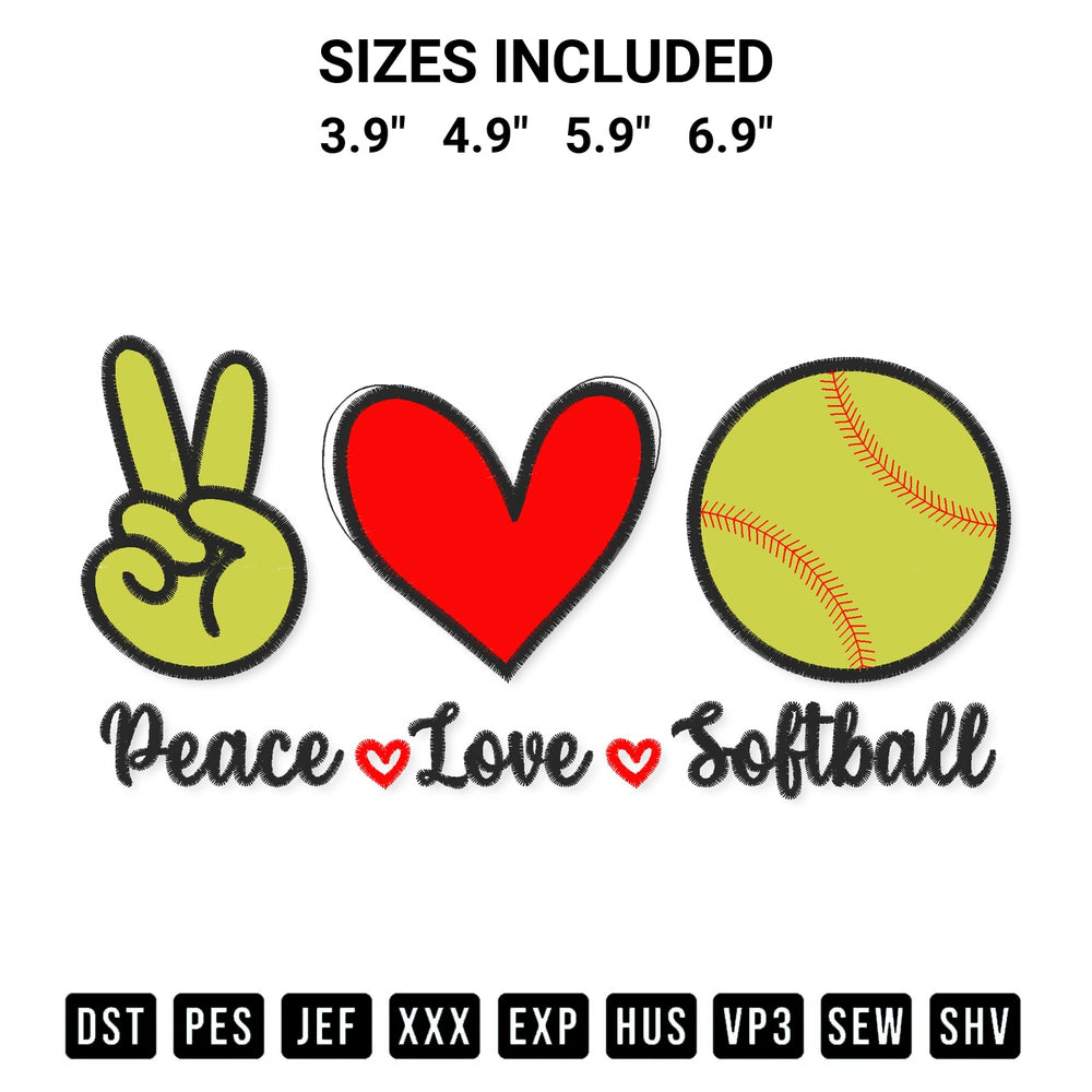 Transform your fabrics with the Peace Love Softball Embroidery Design embroidery design. Instant access to premium digitized patterns at Designspacks.com. Available sizes: 3.9", 4.9", 5.9", 6.9".