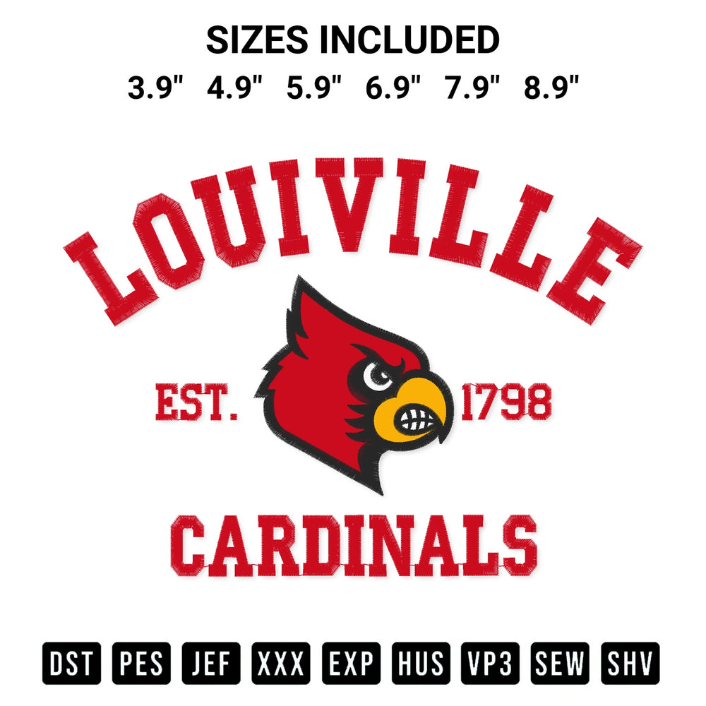 Stitch like a pro with the Louisville Cardinals Est 1798 Embroidery Design embroidery pattern from Designspacks.com. High-quality digital machine embroidery file. Available sizes: 3.9", 4.9", 5.9", 6.9", 7.9", 8.9".