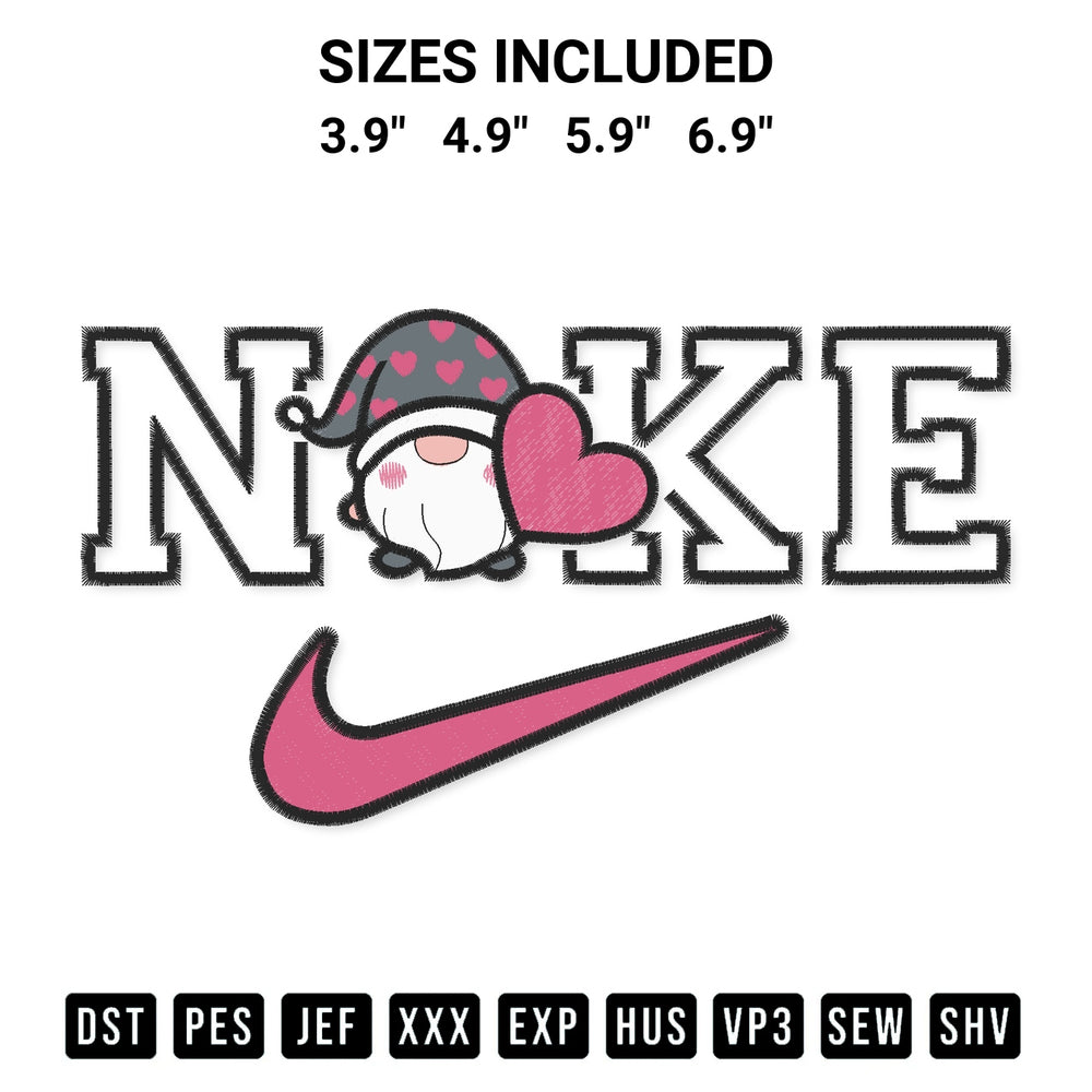 Transform your fabrics with the Nike Gnome Heart Embroidery Design embroidery design. Instant access to premium digitized patterns at Designspacks.com. Available sizes: 3.9", 4.9", 5.9", 6.9".