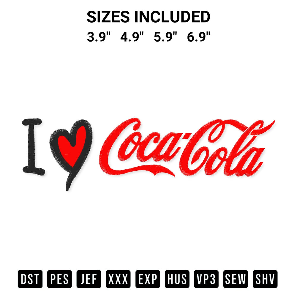 Create amazing crafts with the I Love Coca Cola Embroidery Design embroidery file. High-quality digital download from Designspacks.com, perfect for beginners and pros. Available sizes: 3.9", 4.9", 5.9", 6.9".
