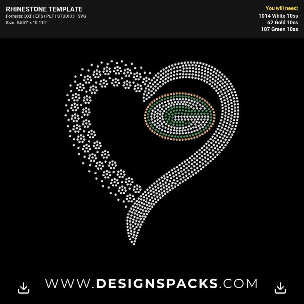 Heart Green Bay Packers Rhinestone Digital Template