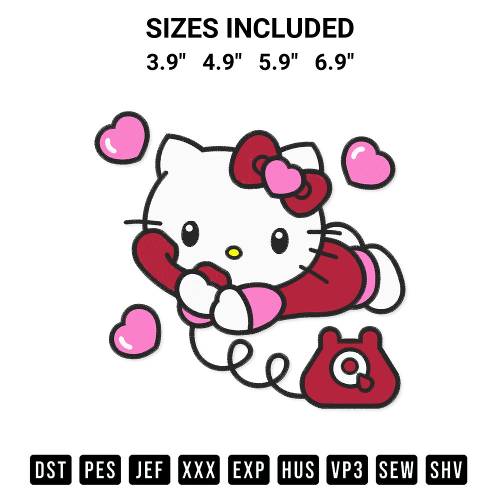 Stitch like a pro with the Hello Kitty Love Phone Embroidery Design embroidery pattern from Designspacks.com. High-quality digital machine embroidery file. Available sizes: 3.9", 4.9", 5.9", 6.9".