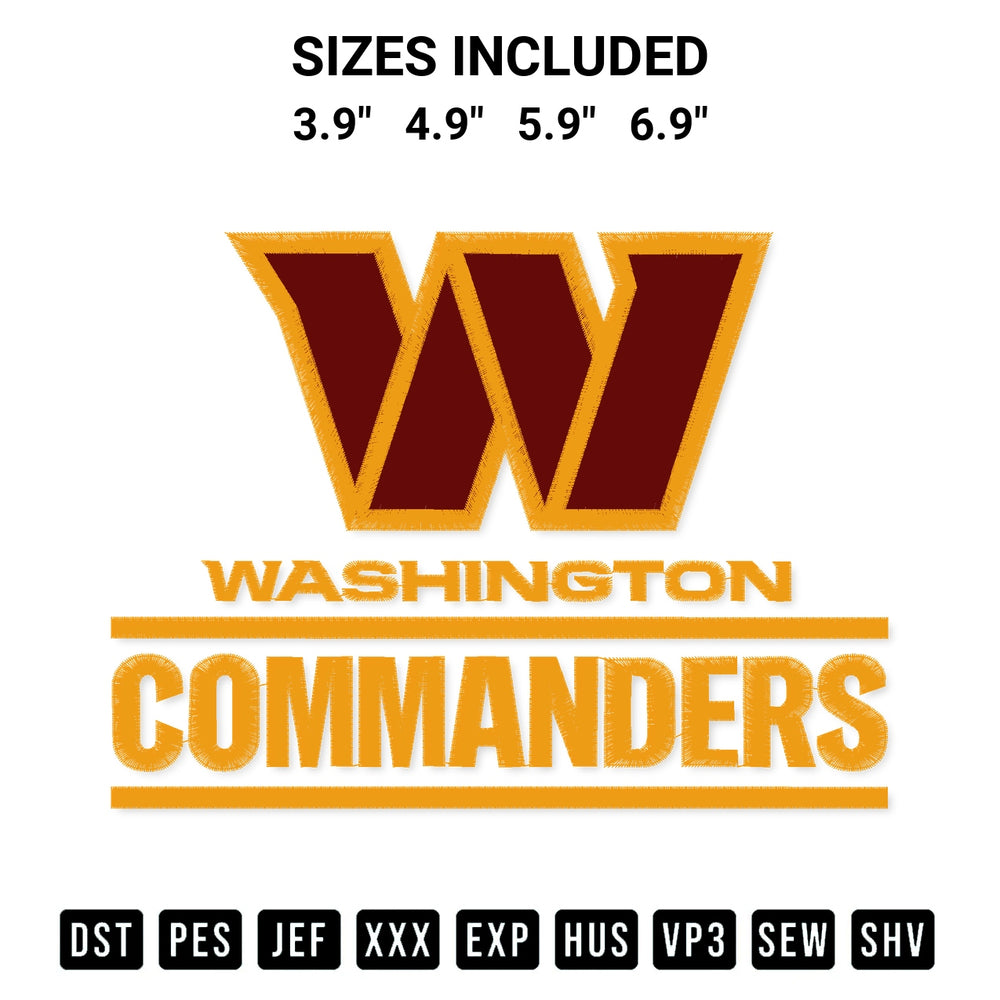 Create amazing crafts with the Washington Commanders Football Embroidery Design embroidery file. High-quality digital download from Designspacks.com, perfect for beginners and pros. Available sizes: 3.9", 4.9", 5.9", 6.9".