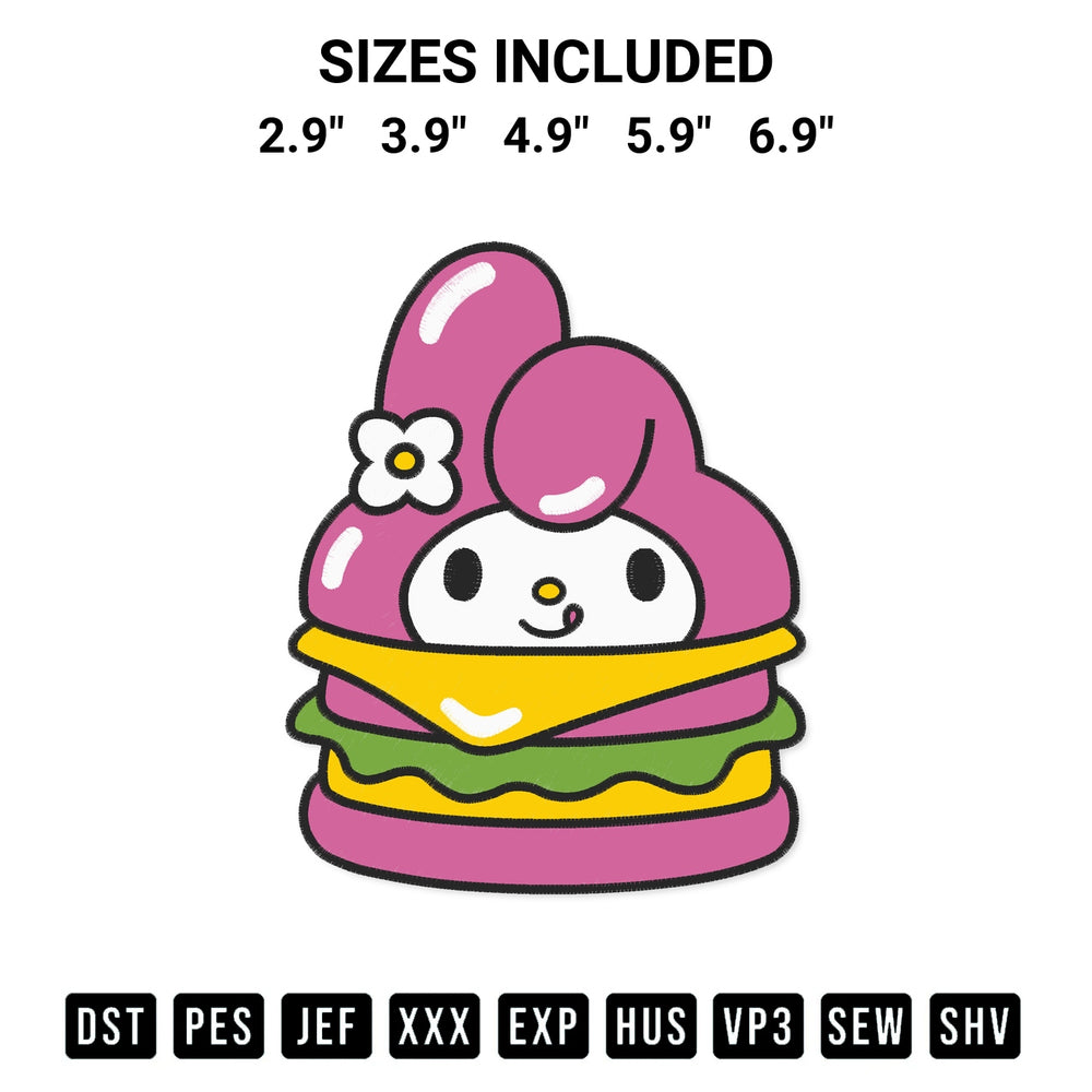Add a unique touch to your apparel with the My Melody Burger Embroidery Design embroidery file. Premium instant download available now on Designspacks.com. Available sizes: 2.9", 3.9", 4.9", 5.9", 6.9".