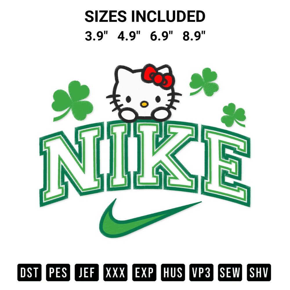 Download the Hello Kitty St Patricks Day X Nike Embroidery Design machine embroidery design exclusively at Designspacks.com. Premium digitized pattern for apparel and DIY crafts. Available sizes: 3.9", 4.9", 6.9", 8.9".