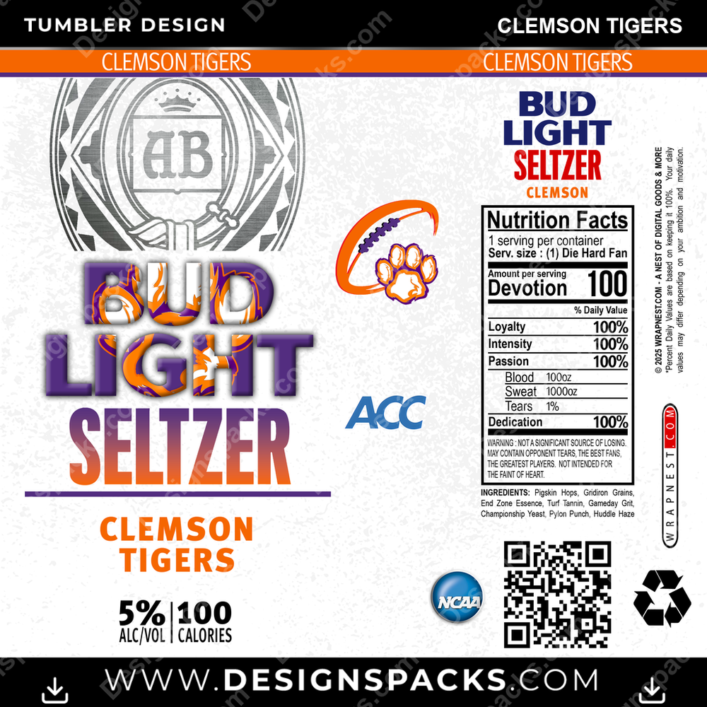 College Sport Bud Light Seltzer Clemson Tigers NCAA College Sport Tumbler Digital Wrap Design Download