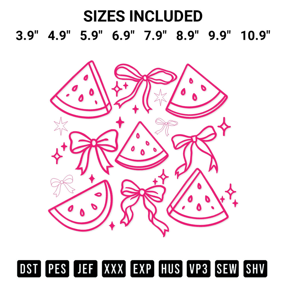 Looking for the perfect pattern? Download the Watermelon Coquette Bows Embroidery Design embroidery design today at Designspacks.com. Crisp, clean stitching guaranteed. Available sizes: 3.9", 4.9", 5.9", 6.9", 7.9", 8.9", 9.9", 10.9".
