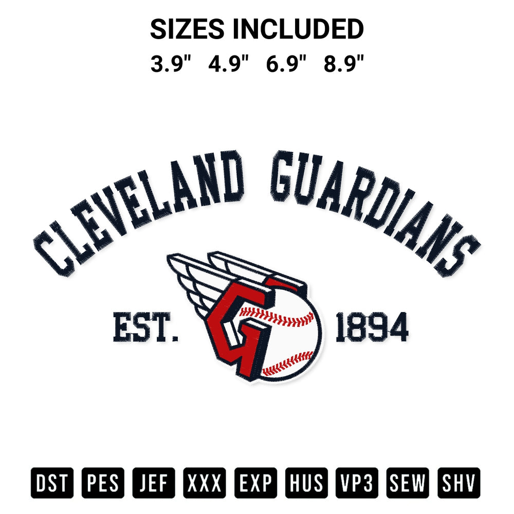 Stitch like a pro with the Cleveland Guardians Est 1894 Embroidery Design embroidery pattern from Designspacks.com. High-quality digital machine embroidery file. Available sizes: 3.9", 4.9", 6.9", 8.9".