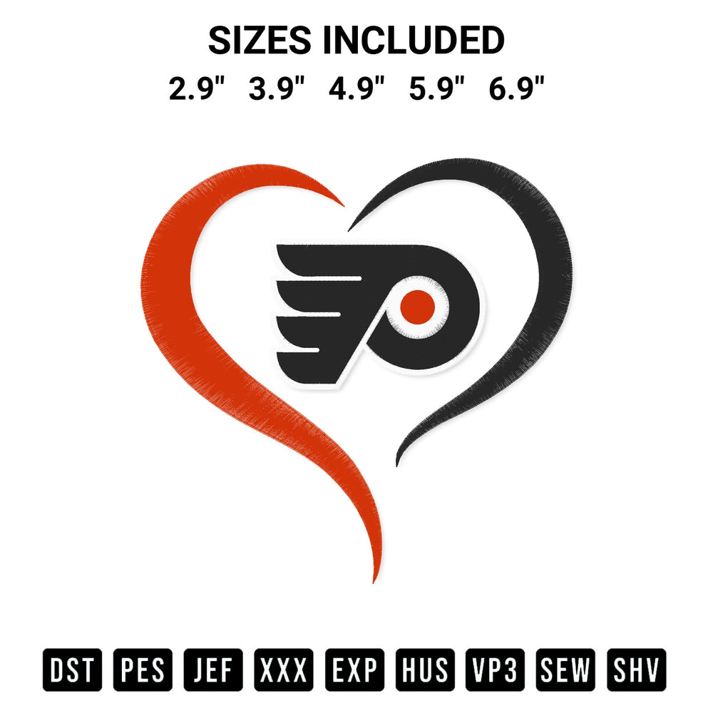 Get the Philadelphia Flyers Heart Nhl Embroidery Design embroidery design for your custom crafts! Premium digitized files available for instant download at Designspacks.com. Available sizes: 2.9", 3.9", 4.9", 5.9", 6.9".